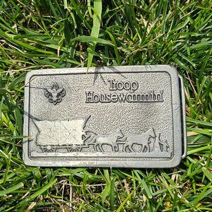 Vintage Scout "Troop Housewarmin" Silver Western boho Yallternative Belt Buckle